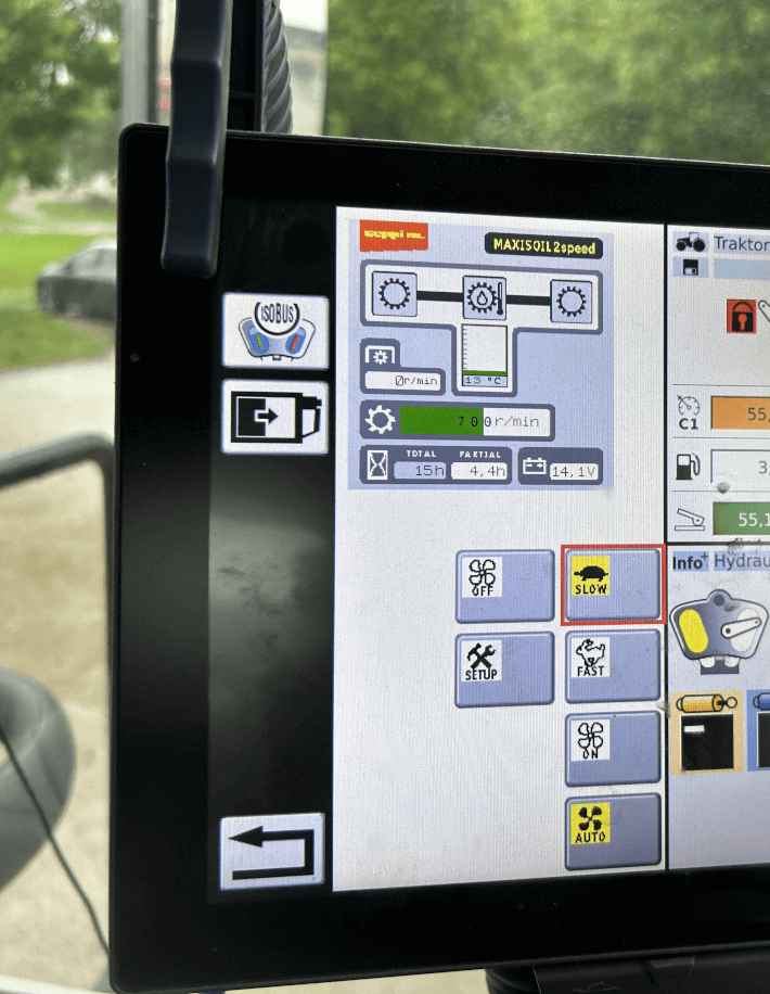 MAXISOIL lässt sich auch Wunsch mit dem ISOBUS-System ausstatten, so können wichtigen Funktionen wie Temperatur und Kühlung direkt gesteuert werden.